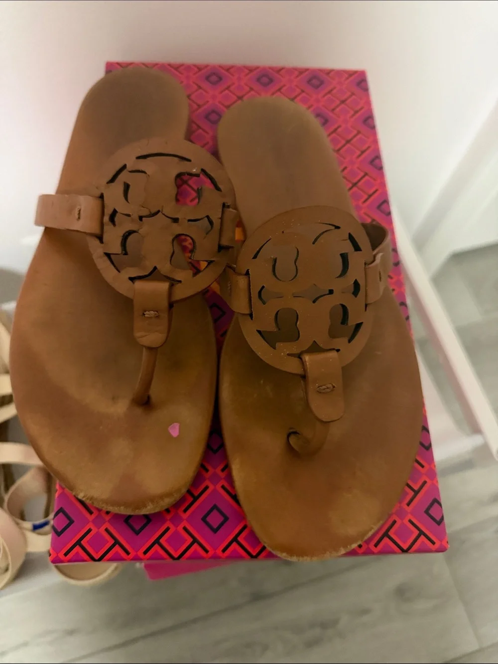Tory Burch Brown Leather Logo Thong Sandals